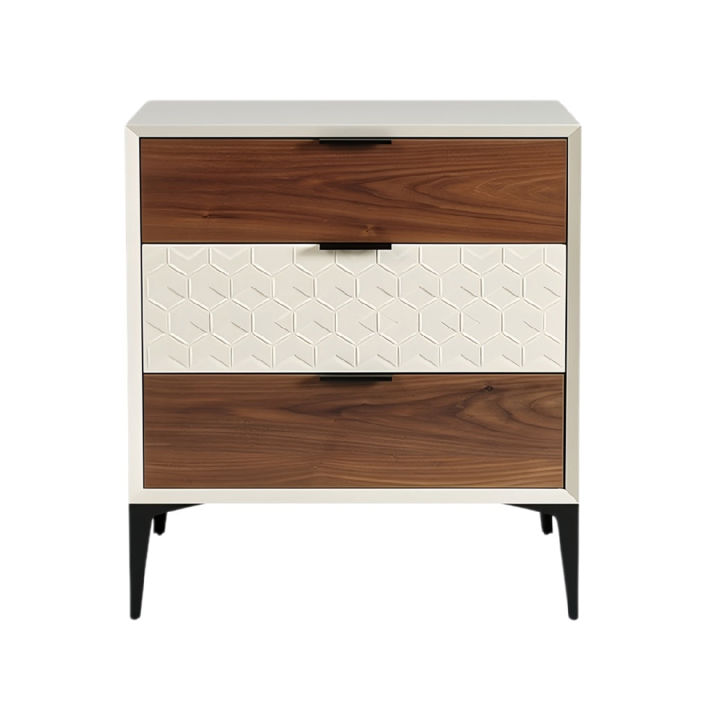 **Moderne nachtkast met geometrisch patroon en houten lades**