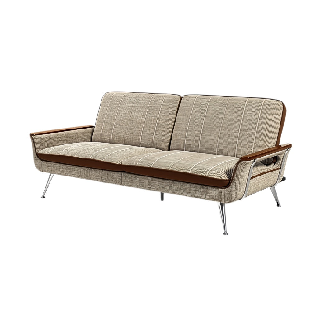 **Moderne stoffen bank met houten accenten en slanke metalen poten**